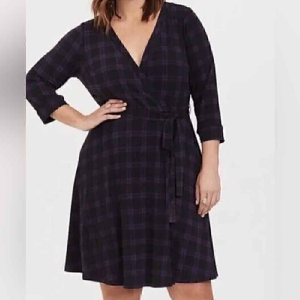 Torrid Faux Wrap Dress Jersey Knit Black Purple Plaid Womens Plus Size 3X